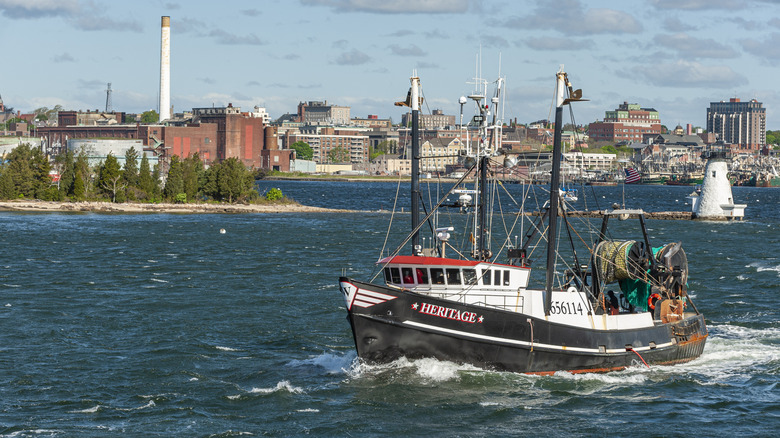 Ship sailing near New Bedford port in Massachusetts